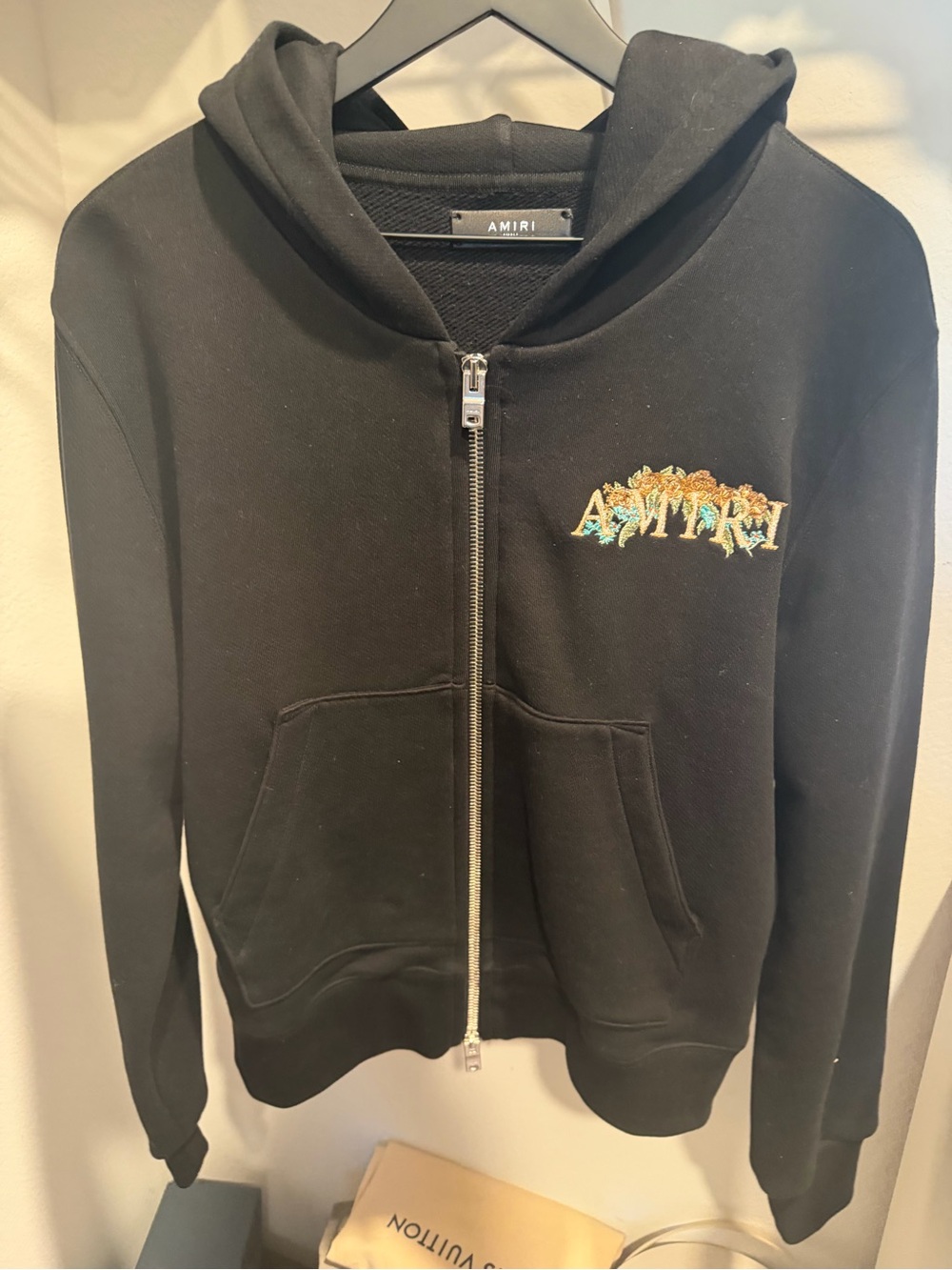 AMIRI Black Zip Hoodie with Multicolor Embroidered Logo